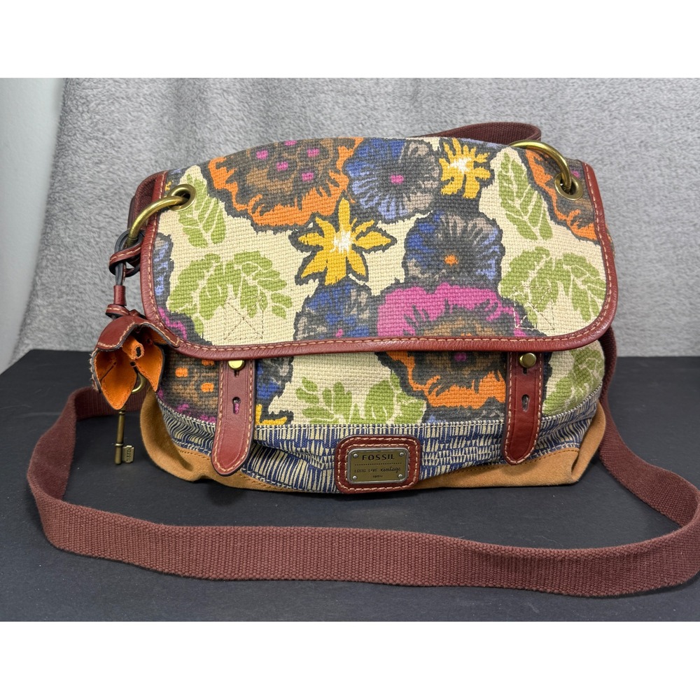 Fossil Crossbody Bag Womens Medium Multicolor Floral Tapestry Suede ZB5291